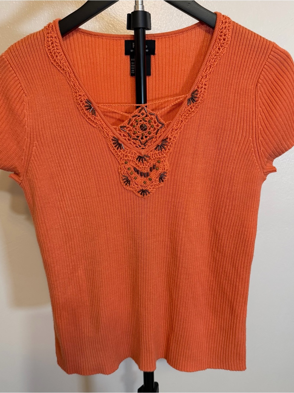 Crochet-Trim Ribbed Short Sleeve Top in Orange